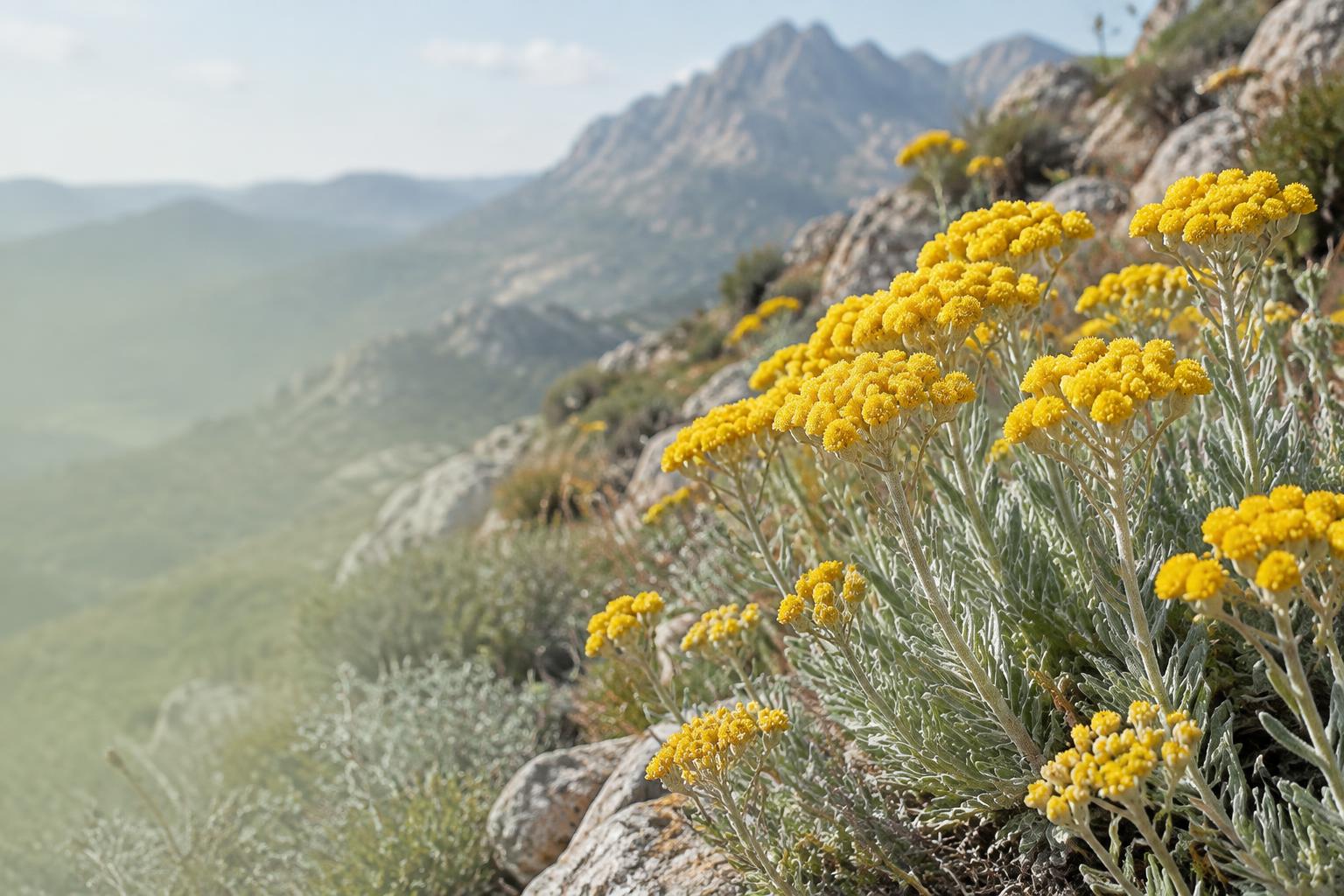 Illustration botanique de fleurs d’immortelle dans un paysage montagneux